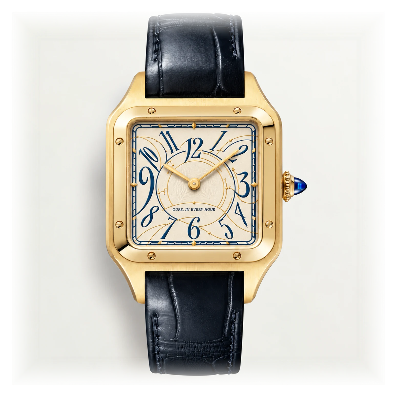 Gold Santos-Dumont-style timepiece with Crush-inspired ivory dial, blue expressive numerals and gold tracery