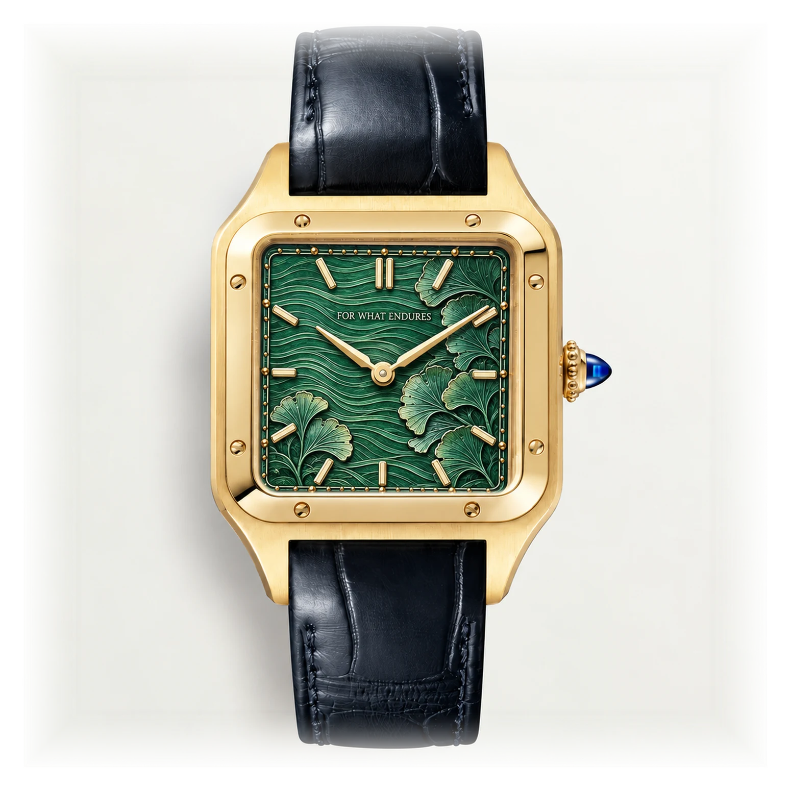 Same gold case and black strap with a verdant engraved garden dial
