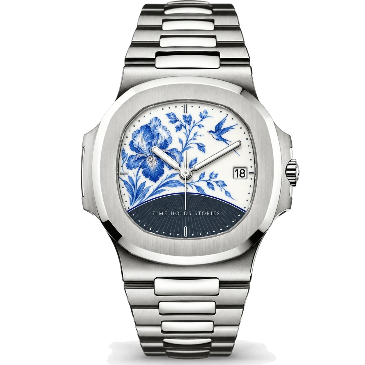 Silver Nautilus-style watch with cobalt porcelain floral artwork and a personalized inscription