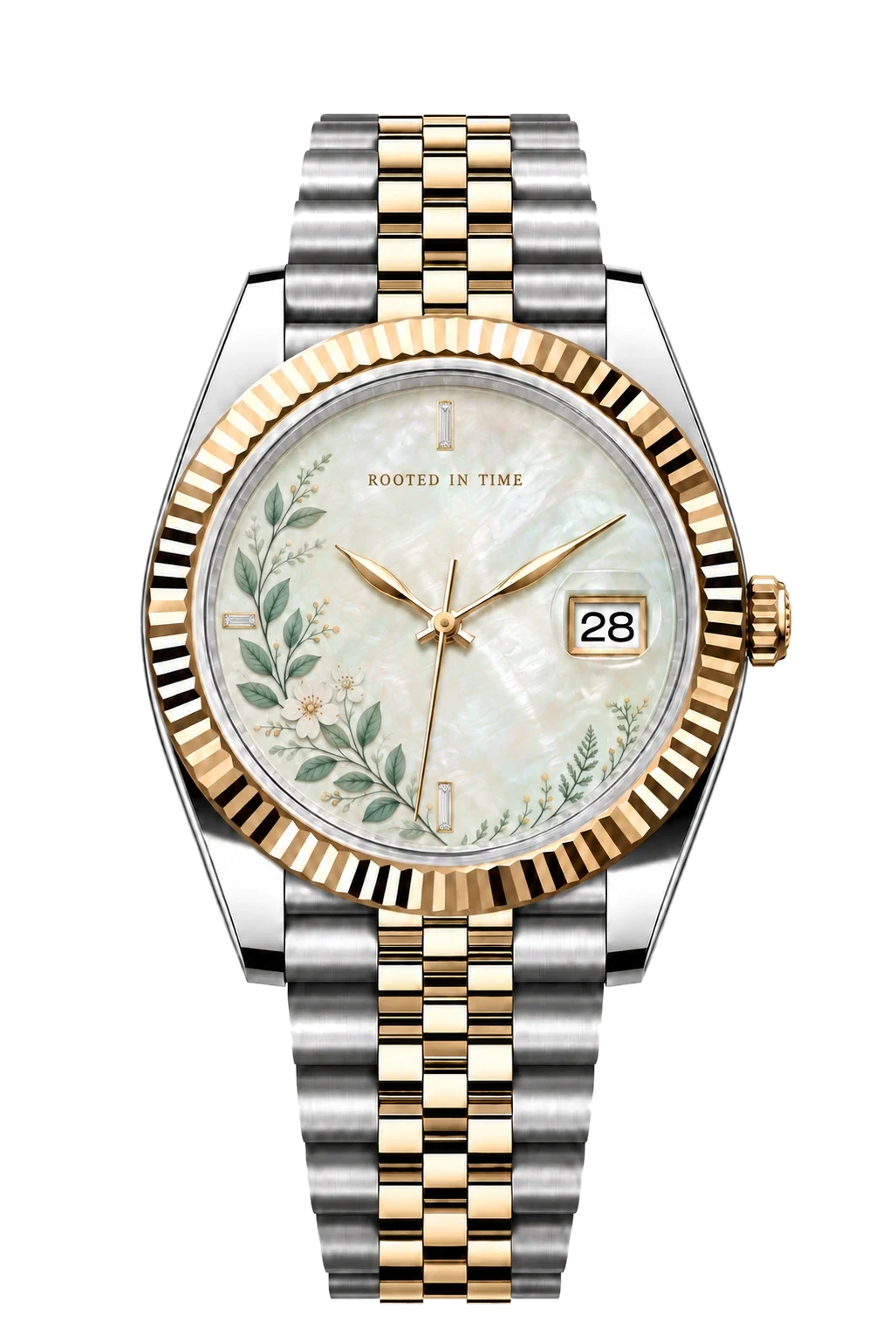 Two-tone watch with an original botanical dial and mother-of-pearl inspired details