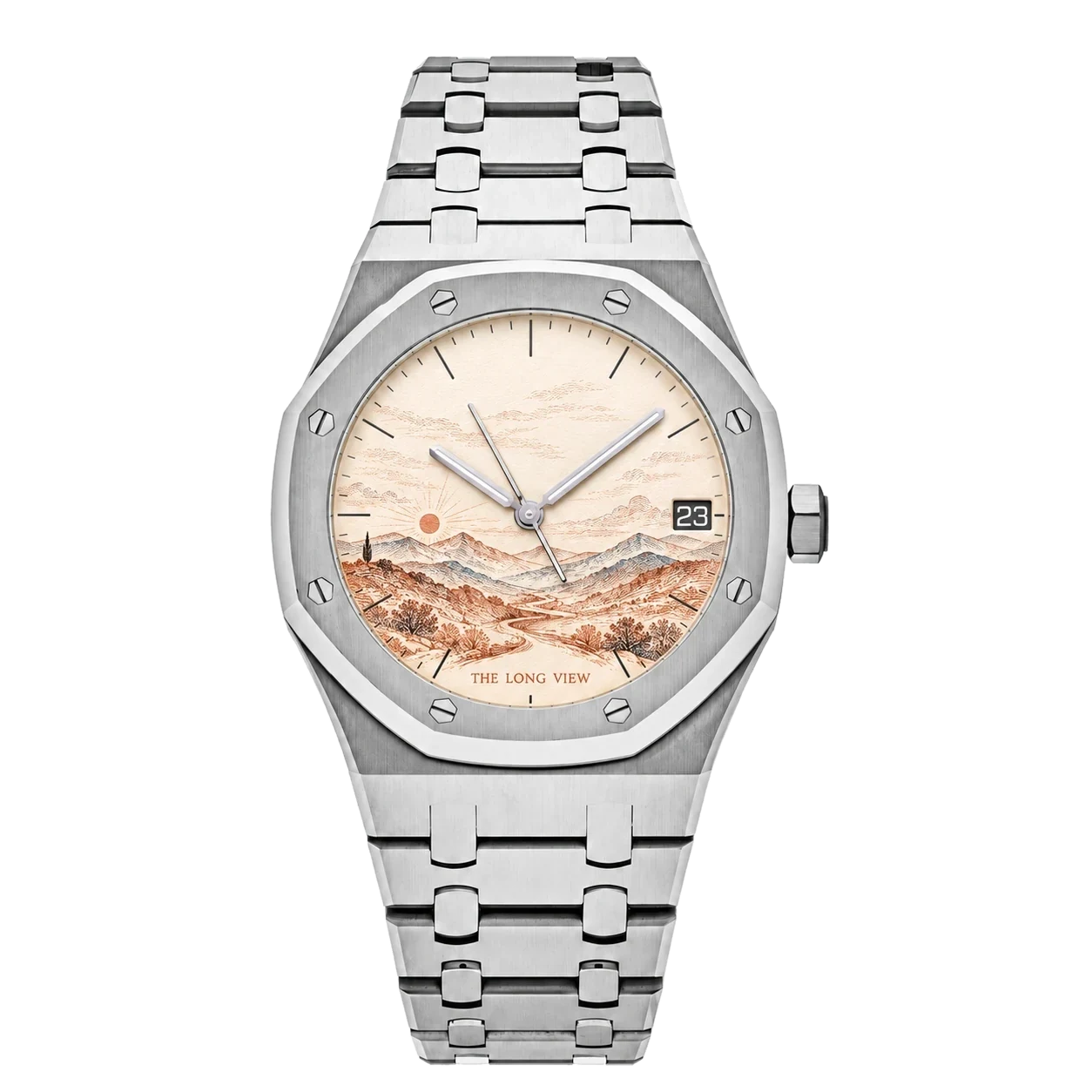Silver Royal Oak-style watch with engraved Alpine landscape dial