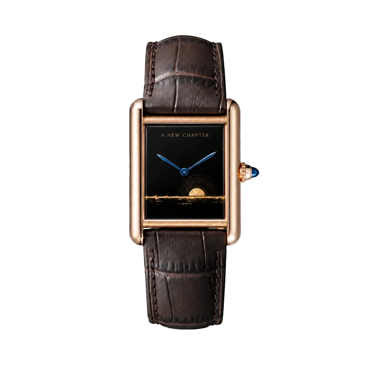 Rose gold rectangular Tank-style watch with black dial and a subtle gilded sunset